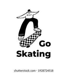 Skateboarder performing stunt. Go skating slogan. Guy making skateboard trick. Street skateboarding. Black and white character. Hand drawn sketch style vector design illustrations.