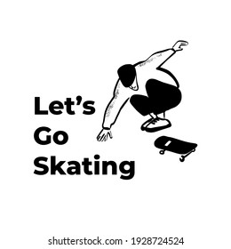 Skateboarder performing stunt. Jumping guy with skateboard. Let's go skating. Street skateboarding. Black and white character. Hand drawn sketch style vector design illustrations.