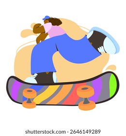 Skateboarder performing trick in mid air with oversized clothes and vibrant skateboard in dynamic pose