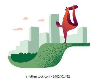 Skateboarder performs a trick on the background of the urban landscape. Vector graphics in a trendy minimalist style.