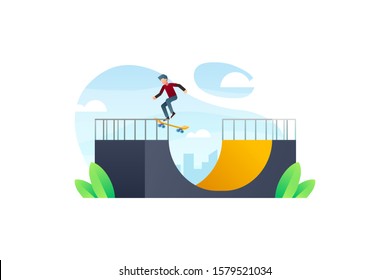 A Skateboarder Is Playing Skateboard On A Skate Park Ramp. Skateboard Vector. Skateboarding Background.