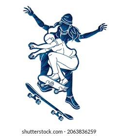 Skateboarder Playing Together Group of Skateboard Players Extreme Sport Action 