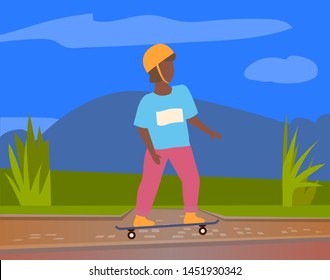 Skateboarder in protective helmet riding on board outdoors, vector cartoon style kid in city park. Skating teenager in protective headgear, green grass