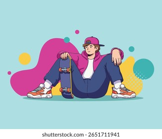 Skate relaxante com skate, ilustração plana