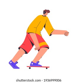 Skateboarder rides and listens to music. Young man or teenager riding skateboard. Extreme hobby, sports activity, healthy lifestyle concept. Vector character illustration isolated on white background