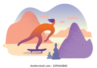 Skateboarder rides on the road among the mountains. Vector graphics in a trendy minimalist style.
