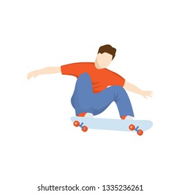 Skateboarder rides sitting on skate isolated against white background