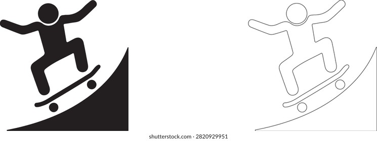 Skateboarder riding on halfpipe ramp vector icon filled and outline, skateboarding and street extreme symbol.	

