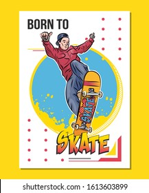 Skateboarder riding skateboard and making stunt, sport themed poster with motivational quote. Modern design vector illustration