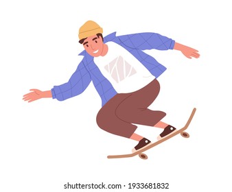 Skateboarder riding skateboard. Young skater training on long board. Summer street activity. Colored flat cartoon vector illustration of happy teenager on longboard isolated on white background