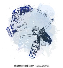 Skateboarder and roller jumping on paint spot with splash in watercolour style background. Skates and skateboards icon. Extreme theme modern print. Vector illustration.
