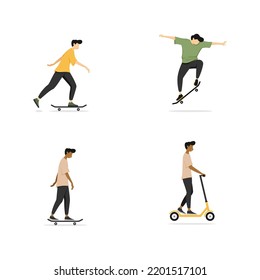 Skateboarder and scooter pose illustration flat style