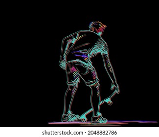 Skateboarder in shorts holding skateboard  Back view Colorful freaky line art sketch black background  Hand drawn vector illustration