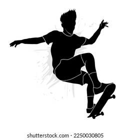 Skateboarder silhouette doing tricks isolated on white background