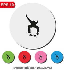 Skateboarder silhouette flat round colorful vector icon.