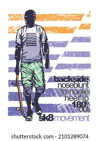 Skateboarder silhouette vector illustration on striped background.