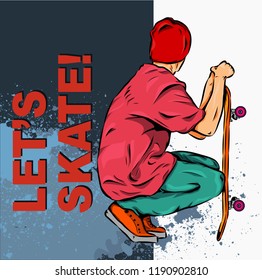 skateboarder with skateboards in hands. Grunge background with blots. Vector illustration.