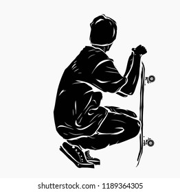 Skateboarder with skateboards in hands. Hipster style and fashion concept, Vector illustration.