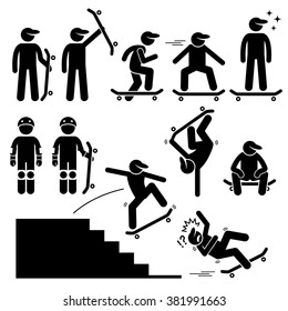 Skateboarder Skating on Skateboard Stick Figure Pictogram Icons