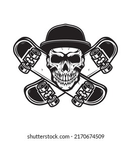 Skateboarder skull with crossed skateboards. Design element for logo, label sign, poster, t shirt. Vector illustration