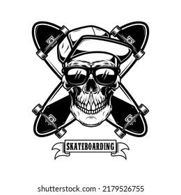 Skateboarder skull with crossed skateboards. Design element for logo, label sign, poster, t shirt. Vector illustration