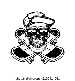 Skateboarder skull with crossed skateboards. Design element for logo, label sign, poster, t shirt. Vector illustration