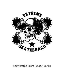 Skateboarder skull with crossed skateboards. Design element for logo, label sign, poster, t shirt. Vector illustration