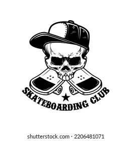 Skateboarder skull with crossed skateboards. Design element for logo, label sign, poster, t shirt. Vector illustration