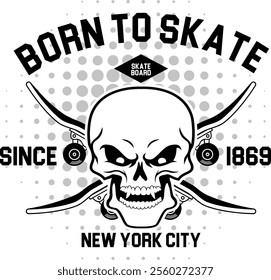 Skateboarder skull with crossed skateboards. Design element for logo, label sign, poster, t shirt.