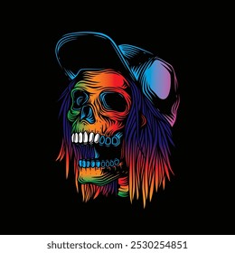 Skateboarder skull. Original vector illustration in vintage style. T-shirt design. Hand drawn, not AI