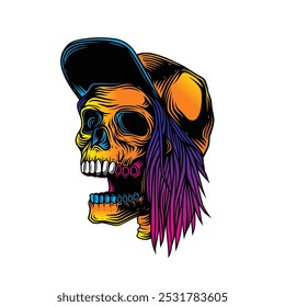 Skateboarder skull. Original vector illustration in vintage style. T-shirt design. Hand drawn, not AI