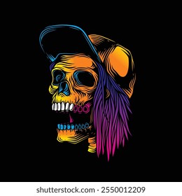 Skateboarder skull. Original vector illustration in vintage style. T-shirt design. Hand drawn, not AI