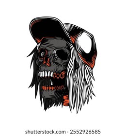 Skateboarder skull. Original vector illustration in vintage style. T-shirt design. Hand drawn, not AI