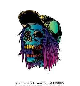 Skateboarder skull. Original vector illustration in vintage style. T-shirt design. Hand drawn, not AI