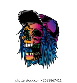 Skateboarder skull. Original vector illustration in vintage style. T-shirt design. Hand drawn, not AI