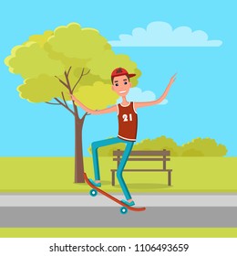 Skateboarder in sleeveless shirt with jeans makes tricks or rides skateboard, 21 June Go skateboarding day character on background of bench and tree.