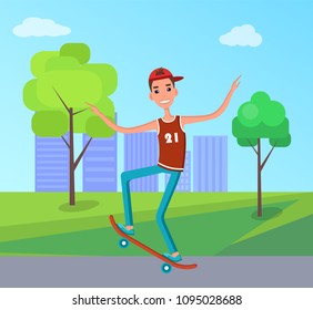 Skateboarder in sleeveless shirt making tricks with skateboard, 21 June Go skateboarding day male cartoon character on background of downtown at park.