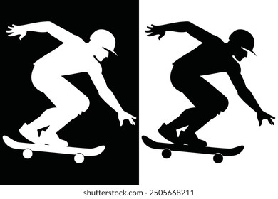 Skateboarder sport silhouette icon vector. Skateboarding trick ollie, Jump on skateboard, Vector illustration.