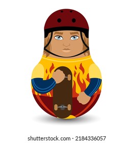 Skateboarder. Sportsman in a suit and helmet with a skateboard in his hand. Designer tilting toy. Modern kawaii dolls for your business project. Flat vector.