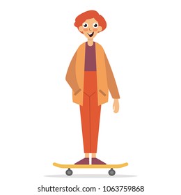 Skateboarder standing on a skateboard. Happy young man on skateboard. Vector illustration