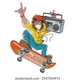 Skatista. Patinador de rua. Homem pulando no skate. Personagem de grafite urbano. Skater com um rádio retro. Skate. Gravador de fita da caixa de som