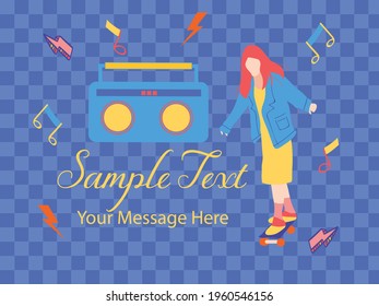 Skateboarder Teenage Girl with Music Box Vector Card Background