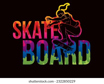 Skateboarder with Text Designed Skateboard Female Player Action Cartoon Extreme Sport Graphic Vector