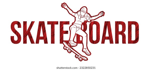 Skateboarder with Text Designed Skateboard Female Player Action Cartoon Extreme Sport Graphic Vector