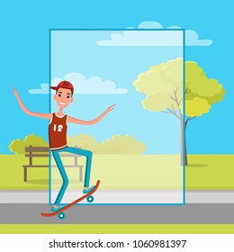 Skateboarder training in green skatepark with trees and bushes, getting ready for go skateboarding day on 21st of June, frame for text filling form