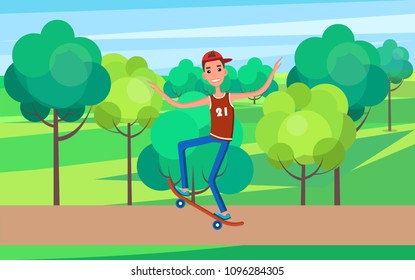 Skateboarder trains in skatepark with trees and bushes, gets ready for go skateboarding day on 21st of June, skater makes tricks vector illustration.