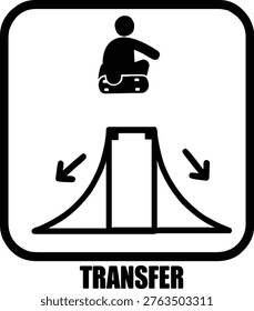 Skateboarder transfer trick vector sign. Black stick figure silhouette jumping a spine ramp with downward arrows and text.