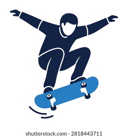 A skateboarder wearing dark clothing performs a trick on a blue skateboard with white wheels and black trucks in mid air outdoors