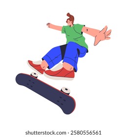 Skateboarder woman showing tricks on a skateboard, flat cartoon vector illustration. Isolated female character training for competitions, entertainment and fun for teenager on board