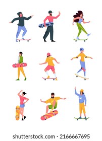 Skateboarders. Active riders teenagers jumping in action poses garish vector sport active people in casual closes